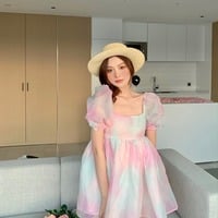 Rainbow Pink Puff Sleeves Dress - Thumbnail 1