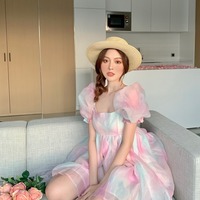 Rainbow Pink Puff Sleeves Dress - Thumbnail 8
