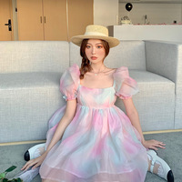 Rainbow Pink Puff Sleeves Dress - Thumbnail 2