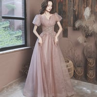 Pink tulle sequins long prom dress A line evening gown - Thumbnail 1