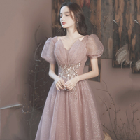 Pink tulle sequins long prom dress A line evening gown - Thumbnail 2