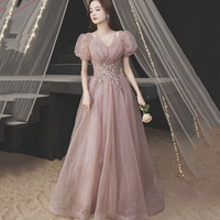 Pink tulle sequins long prom dress A line evening gown - Thumbnail 3