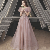 Pink tulle sequins long prom dress A line evening gown - Thumbnail 4