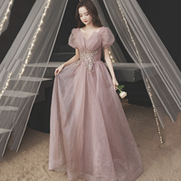 Pink tulle sequins long prom dress A line evening gown - Thumbnail 7