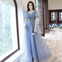 Blue tulle sequins long prom dress A line evening gown - Thumbnail 2