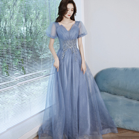 Blue tulle sequins long prom dress A line evening gown - Thumbnail 3