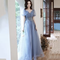 Blue tulle sequins long prom dress A line evening gown - Thumbnail 7