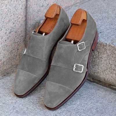 Christmas customize grey double monk strap shoes, men's suede party wear shoes