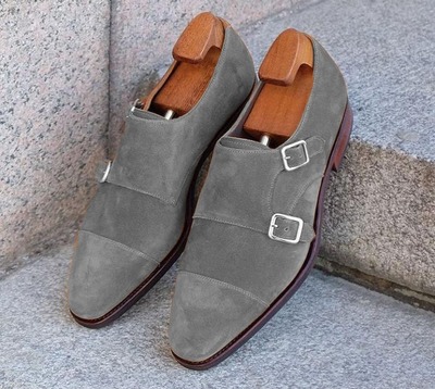 Christmas Customize Grey Double Monk Strap Shoes, Men's Suede Party Wear Shoes