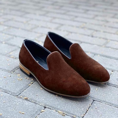 Handmade men's brown loafer suede casual wear shoes