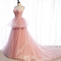Pink tulle long prom dress A line evening gown - Thumbnail 3