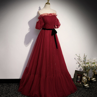 Burgundy tulle long prom dress A line evening gown - Thumbnail 1