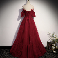 Burgundy tulle long prom dress A line evening gown - Thumbnail 2