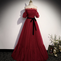 Burgundy tulle long prom dress A line evening gown - Thumbnail 4
