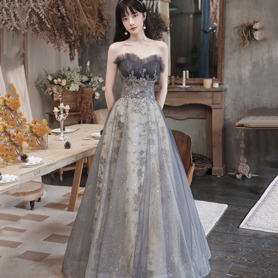 Cute tulle sequins long prom gown a line evening gown