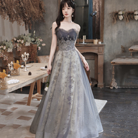 Cute tulle sequins long prom gown A line evening gown - Thumbnail 1