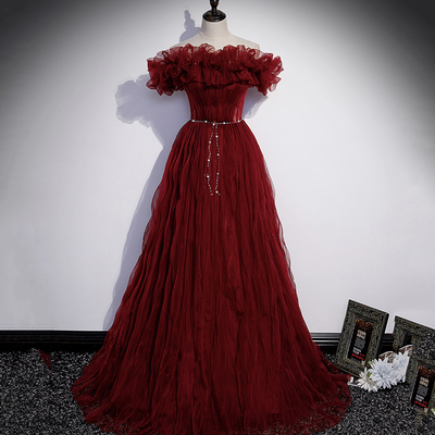 Burgundy tulle long prom dress a line evening gown