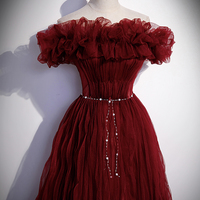 Burgundy tulle long prom dress A line evening gown - Thumbnail 1