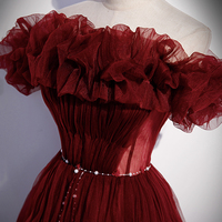 Burgundy tulle long prom dress A line evening gown - Thumbnail 2