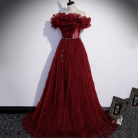 Burgundy tulle long prom dress A line evening gown - Thumbnail 3