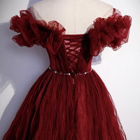 Burgundy tulle long prom dress A line evening gown - Thumbnail 4