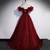 Burgundy tulle long prom dress A line evening gown - Thumbnail 5