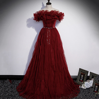 Burgundy tulle long prom dress A line evening gown - Thumbnail 7