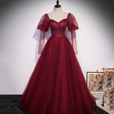Burgundy tulle beads long prom dress evening gown
