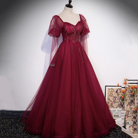 Burgundy tulle beads long prom dress evening gown - Thumbnail 2