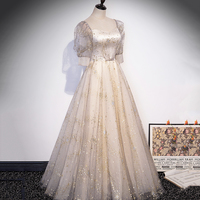 Champagne tulle sequins long prom dress evening gown - Thumbnail 1