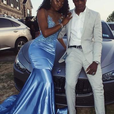 Mermaid ice blue satin prom dresses with lace appliques - Thumbnail 3