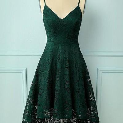 High low dark green straps lace prom dress  - Thumbnail 2
