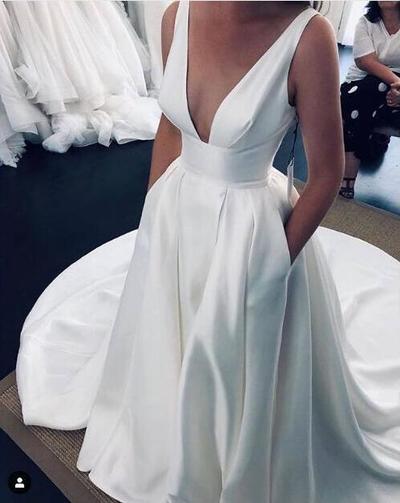 Simple Deep V Neck Ball Gown Bridal Gowns