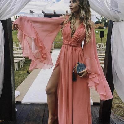 Simple v neck chiffon long prom dress evening dress - Thumbnail 2