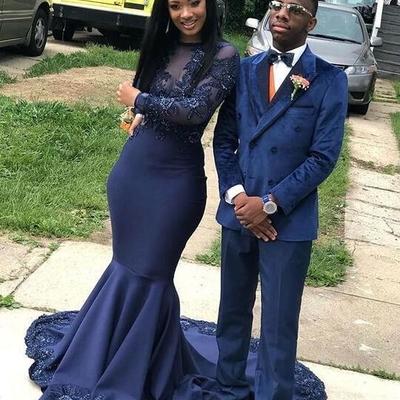 Navy blue mermaid prom dresses long sleeve lace appliques - Thumbnail 2