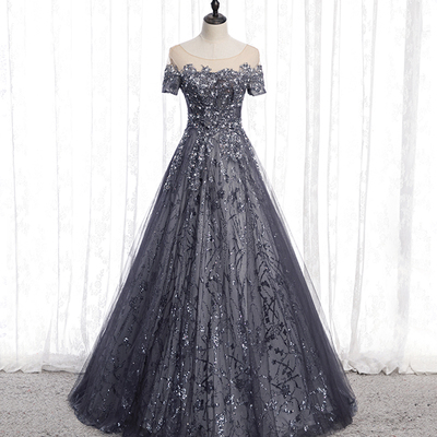 Gray tulle sequins long prom dress a line evening gown - Thumbnail 2