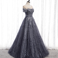 Gray tulle sequins long prom dress A line evening gown - Thumbnail 2