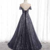 Gray tulle sequins long prom dress A line evening gown - Thumbnail 3