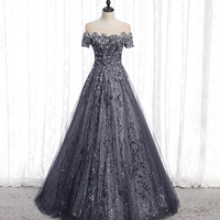 Gray tulle sequins long prom dress A line evening gown - Thumbnail 5