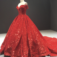 Red sequins long ball gown dress formal dress - Thumbnail 1