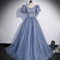 Blue tulle long prom dress A line evening gown - Thumbnail 5