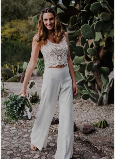 Two Pieces Bohemian Pant Suit Wedding Dresses Beaded Pearls Beaded See Through Country Beach Bridal Gowns