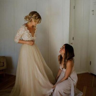 Beach boho champagn lace wedding dresses 3/4 long sleeve illusion bodice v neck tulle a line garden outdoor wedding bridal gowns