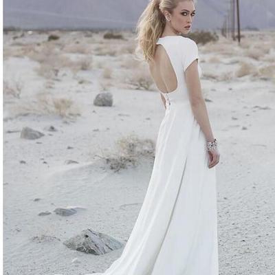 Summer satin backless beach wedding dresses jewel neck short sleeve front split boho bridal gowns wedding dress custom made
