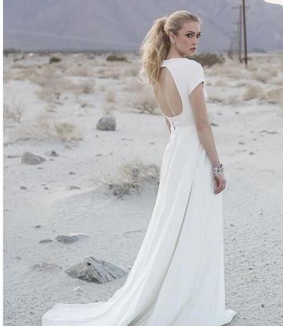 Summer Satin Backless Beach Wedding Dresses Jewel Neck Short Sleeve Front Split Boho Bridal Gowns Wedding Dress Custom Made