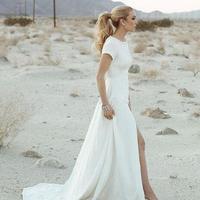 Summer Satin Backless Beach Wedding Dresses Jewel Neck Short Sleeve Front Split Boho Bridal Gowns Wedding Dress Custom Made - Thumbnail 1