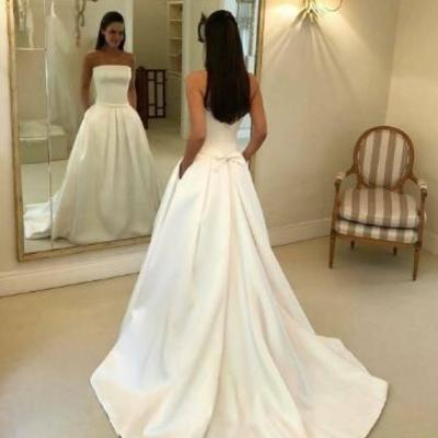 Strapless a line wedding dress belt sash bow knot sleeveless full length satin wedding dress bridal gowns