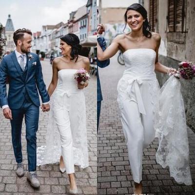  beach lace satin strapless wedding dresses sleeveless jumpsuits garden bridal dress vestidos de novia with overskirt wedding gowns