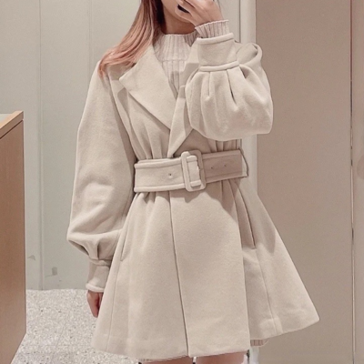 Puff sleeve loose slim waist belt coat