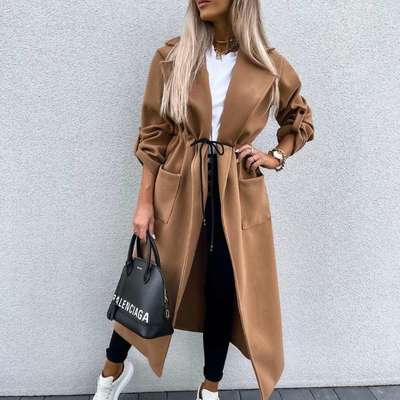  long coat woman casual plaid drawstring 